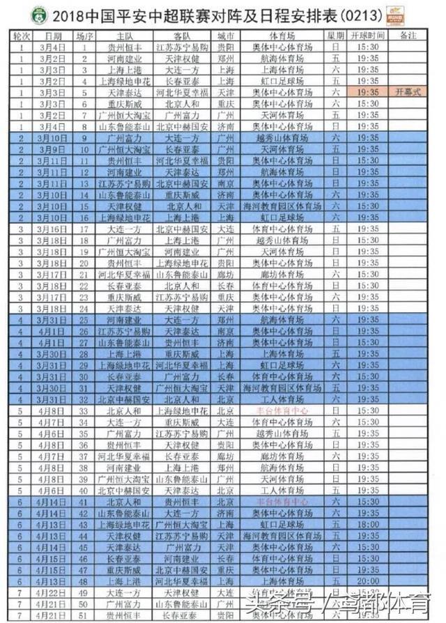 官方：山东鲁能泰山2018中超联赛完整赛程 附：中超各队完整